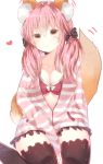  1girl absurdres animal_ears black_legwear bow bra breasts caster_(fate/extra) cleavage collarbone fate/extra fate/grand_order fate/stay_night fate_(series) fox_ears fox_tail hair_bow hair_ribbon heart highres long_hair open_clothes open_shirt pink_bra pink_hair ribbon shirt simple_background sitting solo suhu_(hitsuzimakaron) tail thigh-highs twintails underwear white_background yellow_eyes 