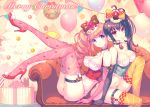  ! 2girls argyle argyle_background arm_support ass balloon bangs bare_shoulders bauble belt black_gloves black_hair blue_eyes blush bow box breasts candy checkered cherry choker christmas christmas_ornaments christmas_tree christmas_wreath cleavage collarbone corset couch curly_hair daruma_doll engrish eyebrows eyebrows_visible_through_hair fan flower folding_fan food frilled_panties frills fruit garter_straps gift gift_box gloves hair_between_eyes hair_bow hair_flower hair_ornament high_heels indoors large_breasts leaning_back leaning_on_person legs_up long_hair looking_at_viewer merry_christmas midriff multiple_girls navel nishimura_eri no_pants orange_legwear original panties pink_hair pink_legwear plaid plaid_bow ranguage red_bow red_eyes red_gloves red_shoes revision ribbon rope shoes side_ponytail sitting sitting_on_chair snowman striped striped_ribbon thigh-highs thigh_strap underwear white_panties wreath 