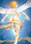 1girl absurdres angel angel_wings ass blonde_hair blue_background breasts darkmuleth feathers feet flying from_behind highres nude original short_hair simple_background solo wings 