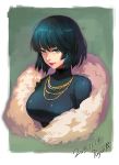  1girl breasts dated fubuki_(onepunch_man) fur_coat green_eyes green_hair highres jewelry large_breasts lipstick looking_at_viewer makeup necklace onepunch_man parted_lips puyon_(pixiv) ribbed_sweater short_hair smile solo sweater upper_body 