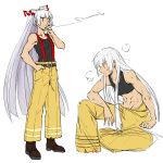  1girl alternate_costume artist_name bare_shoulders belt casual cigarette contemporary dl fujiwara_no_mokou full_body hand_in_pocket hime_cut long_hair muscle muscular_female pants sitting sleeveless solo sports_bra standing suspenders touhou very_long_hair yellow_pants 