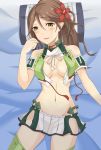  1girl amagi_(kantai_collection) bare_shoulders bed bed_sheet breasts brown_eyes brown_hair crop_top esuto flower green_legwear groin hair_between_eyes hair_flower hair_ornament highres kantai_collection large_breasts long_hair looking_at_viewer midriff mole mole_under_eye navel open_clothes parted_lips ponytail remodel_(kantai_collection) short_sleeves solo thigh-highs zettai_ryouiki 