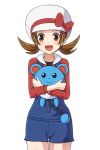  1girl brown_eyes brown_hair hat holding kotone_(pokemon) looking_at_viewer marill open_mouth pokemon pokemon_(creature) pokemon_(game) pokemon_hgss simple_background twintails white_background yukikan 