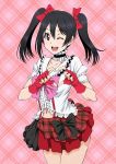  1girl ;d black_hair bow choker fingerless_gloves frills gloves hair_bow heart heart_hands looking_at_viewer love_live!_school_idol_project navel one_eye_closed open_mouth red_eyes red_gloves short_hair short_sleeves shunzou skirt smile solo twintails yazawa_nico 
