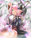  1girl arm_up bare_shoulders black_gloves blue_eyes blush braid breasts demon_horns elbow_gloves gloves granblue_fantasy hair_ornament hair_over_one_eye horns hunakaka_(you2662eternity) large_breasts lavender_hair long_hair narumeia_(granblue_fantasy) open_mouth outstretched_arm pointy_ears single_thighhigh solo stretch thigh-highs 