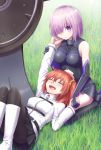  2girls ahoge bare_shoulders blush breasts closed_eyes elbow_gloves fate/grand_order fate/stay_night fate_(series) female_protagonist_(fate/grand_order) gloves hair_over_one_eye highres large_breasts lying lying_on_lap lying_on_person multiple_girls on_back open_mouth orange_hair purple_hair seiza shielder_(fate/grand_order) short_hair side_ponytail sitting smile thigh-highs utsuro026 violet_eyes 