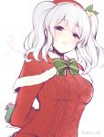  1girl arms_behind_back bell blue_eyes blush bowtie breasts capelet christmas fur_trim gift hair_bell hair_ornament hat kantai_collection kashima_(kantai_collection) leaf long_hair shirogane_rio_(artist) silver_hair sketch smile solo sweater twintails twitter_username upper_body wavy_hair 
