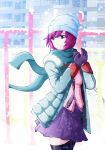  1girl bakemonogatari blue_eyes hat jacket monogatari_(series) purple_hair scarf senjougahara_hitagi short_hair snow solo tagme winter 