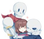  2boys androgynous armor brown_hair closed_eyes everina frisk_(undertale) hug multiple_boys one_eye_closed open_mouth papyrus_(undertale) sans scarf shirt skeleton smile striped striped_shirt tagme undertale white_background 