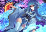  1girl blue_hair cherry_blossoms fan fate/grand_order fate_(series) folding_fan hair_ornament highres japanese_clothes kimono kiyohime_(fate/grand_order) long_hair long_sleeves looking_at_viewer obi sash smile solo sorano_eika thigh-highs thighs tree very_long_hair white_legwear wide_sleeves yellow_eyes zettai_ryouiki 