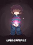  androgynous brown_hair closed_eyes copyright_name denim everina frisk_(undertale) glowing heart kneeling shirt solo striped striped_shirt tagme undertale 