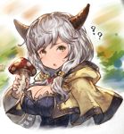  1girl :o ? benitama blush breasts caplet cleavage granblue_fantasy green_eyes horns kumuyu large_breasts looking_at_viewer low_twintails mushroom silver_hair twintails upper_body 