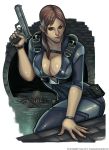  1girl blue_eyes bodysuit bracelet breasts brown_hair catsuit cleavage covered_navel elizabeth_torque eyebrows gun hair_over_shoulder handgun harness highres jewelry jill_valentine large_breasts lips nose pistol ponytail resident_evil skin_tight solo weapon zombie 