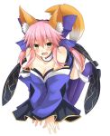  1girl animal_ears bare_shoulders blue_legwear blush bow breasts caster_(fate/extra) cleavage detached_sleeves fang fate/extra fate/stay_night fate_(series) fox_ears fox_tail hair_bow hair_ribbon highres japanese_clothes large_breasts long_hair open_mouth pink_hair render ribbon simple_background solo tail thigh-highs transparent_background twintails yellow_eyes 