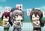  3girls ? alternate_costume ashigara_(kantai_collection) beret brown_hair commentary_request fang hairband hamu_koutarou hat kantai_collection kashima_(kantai_collection) kisaragi_(kantai_collection) long_hair multiple_girls silver_hair translation_request twintails 