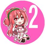  1girl blush breasts chibi cleavage gloves hacka_doll hacka_doll_2 kuromitu_(kageneko) large_breasts long_hair looking_at_viewer open_mouth pink_eyes pink_hair smile solo thigh-highs v 