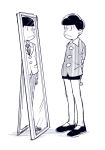  1boy :&lt; age_comparison arms_behind_back blue_hair bowl_cut child different_reflection formal male_focus matsuno_choromatsu mirror monochrome older osomatsu-kun osomatsu-san reflection sennin_(inoinox) short_sleeves shorts solo standing suit tearing_up 