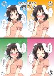 1girl ^_^ animal_ears blush brown_hair carrot closed_eyes commentary_request confession dress highres inaba_tewi jewelry looking_at_viewer mikazuki_neko necklace open_mouth pink_dress rabbit_ears red_eyes short_hair smile touhou translation_request 