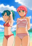  2girls adjusting_hair aqua_eyes bikini blush green_hair high_school!_kimengumi jenny_(artist) kawa_yui long_hair multiple_girls navel oldschool pink_hair ponytail short_hair smile swimsuit 