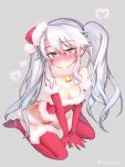  1girl bare_shoulders bell blush breasts christmas cleavage elbow_gloves gloves green_eyes grey_background hair_between_eyes hair_ornament hat heart hitotose_rin long_hair looking_at_viewer santa_costume santa_hat sennen_sensou_aigis sidelocks silver_hair simple_background skull_hair_ornament solo sybilla twintails twitter_username very_long_hair 