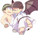 2boys armpits bare_shoulders barefoot brothers carrying demon_horns demon_tail demon_wings horns incest male_focus matsuno_choromatsu matsuno_osomatsu multiple_boys osomatsu-kun osomatsu-san person_carrying princess_carry siblings simple_background soles solo tail toga white_background wings wreath wristband 