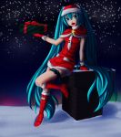  1girl absurdres arm_support blue_bow blue_eyes blue_hair boots bow brick building capelet chimney christmas fur_trim gift glove_bow gloves hair_between_eyes hat hatsune_miku head_tilt highres house huge_filesize knee_boots leg_garter long_hair looking_at_viewer night night_sky one_leg_raised pinkisch pocket pom_pom_(clothes) red_boots red_gloves red_ribbon ribbon rooftop santa_boots santa_costume santa_hat sky snow snowflakes solo standing teeth twintails very_long_hair white_necktie 