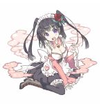  1girl black_hair blush boots bow breasts character_request cleavage detached_collar detached_sleeves dress flower frilled_dress frilled_sleeves frills green_bow hair_bow head_tilt heart kai-ri-sei_million_arthur knee_boots long_hair looking_at_viewer maid_headdress open_mouth petals rose simple_background solo thigh-highs twintails usalxlusa violet_eyes white_background wide_sleeves zettai_ryouiki 