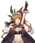  1girl ;o benitama black_gloves blonde_hair blush breasts cape clarisse_(granblue_fantasy) cleavage double_v gloves granblue_fantasy green_eyes hat heart large_breasts long_hair looking_at_viewer midriff navel one_eye_closed open_mouth santa_hat simple_background solo v white_background 