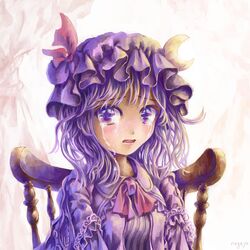  1girl alternate_hair_length alternate_hairstyle artist_name chair crescent_hair_ornament crying crying_with_eyes_open curtains dress hair_ornament hat hat_ribbon looking_at_viewer mob_cap nagayo open_mouth patchouli_knowledge purple_hair ribbon robe short_hair solo striped striped_dress tears touhou upper_body violet_eyes white_background 