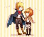  2boys :&gt; ahoge armin_arlert armin_arlert_(cosplay) blonde_hair blue_eyes boots cape character_name child cosplay costume_switch halloween_to_yoru_no_monogatari lennard_livermore lennard_livermore_(cosplay) look-alike male_focus moxue_qianxi multiple_boys ribbon shingeki_no_kyojin sound_horizon suspenders trait_connection younger 