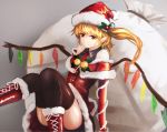  1girl blonde_hair blush boots breasts christmas flandre_scarlet gift hat homo_1121 long_hair looking_at_viewer open_mouth red_eyes sack santa_costume santa_hat short_hair side_ponytail smile solo thigh-highs touhou wings 