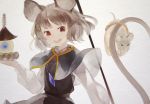  1girl animal_ears bishamonten&#039;s_pagoda capelet dress grey_dress grey_hair jewelry long_sleeves mouse mouse_ears mouse_tail nazrin necklace open_mouth pendant red_eyes shihou_(g-o-s) shirt smile solo tail touhou 