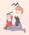  2girls alternate_costume animal_ears black_legwear brown_eyes brown_hair bunny_girl bunnysuit gloves hair_ornament high_heels japanese_clothes kantai_collection long_hair looking_at_viewer magatama multiple_girls northern_ocean_hime off_shoulder open_mouth orange_eyes oversized_clothes pantyhose pleated_skirt rabbit_ears reppuu_(kantai_collection) ryuujou_(kantai_collection) ryuujou_(kantai_collection)_(cosplay) satou_pikuta seiza serious shinkaisei-kan simple_background sitting skirt twintails visor_cap white_gloves white_hair 