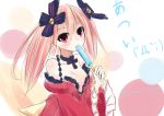  1girl alyn_(fairy_fencer_f) bare_shoulders breasts detached_sleeves fairy_fencer_f food frills lolita_fashion long_hair long_sleeves open_mouth padocchi_(kurokitsune) popsicle red_eyes redhead skirt smile solo twintails 