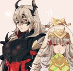  2girls animal_ears armor black_armor black_mask_(clothing) bone breastplate breasts cape closed_mouth crown domino_mask dress earrings easter_egg egg fire_emblem fire_emblem_heroes flower grey_hair hair_between_eyes hair_flower hair_ornament heart holding holding_egg horned_mask horns jewelry large_breasts long_hair looking_at_another mask masked multiple_girls parted_lips pink_background rabbit_ears red_eyes rem_sora410 simple_background skeleton teeth thrasir_(fire_emblem) upper_body veronica_(fire_emblem) white_cape white_dress 