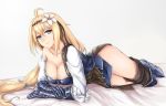  1girl asymmetrical_clothes bare_shoulders bed_sheet blonde_hair blue_eyes breasts chest_plate cleavage flower flower_on_head gauntlets greaves highres light_smile lips looking_at_viewer low_ponytail lying on_stomach original solo terry_(pixiv3274443) 