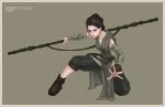 1girl absurdres arm_wrap black_hair capri_pants completion_time fighting_stance full_body highres monori_rogue one_knee pants polearm rey_(star_wars) short_hair solo star_wars star_wars:_the_force_awakens weapon 