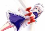  1girl aiming_at_viewer alternate_hair_length alternate_hairstyle apron blue_eyes blurry bow braid character_name depth_of_field dress foreshortening frilled_apron frilled_dress frills from_below from_side hair_bow izayoi_sakuya knife knives_between_fingers long_hair looking_at_viewer looking_down looking_to_the_side maid maid_apron maid_headdress murasaki_saki parted_lips perspective pocket_watch pov short_dress short_sleeves simple_background solo standing thighs touhou twin_braids watch white_background white_hair 