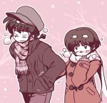  1boy 1girl bangs bare_tree blush braid coat couple embarrassed eyebrows eyebrows_visible_through_hair hair_between_eyes hands_in_pockets hat hetero holding long_hair long_sleeves looking_at_another looking_away monochrome pants plaid plaid_scarf ranma_1/2 red saotome_ranma scarf shared_pocket short_hair single_braid snowing tendou_akane tree walking wantan-orz white_scarf winter winter_clothes 