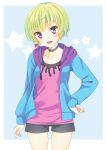  aikatsu! blush green_hair hattori_yuu jacket purple_eyes short_hair smile 
