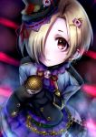  1girl belt black_gloves blonde_hair blush dress ear_piercing gloves hair_ornament hair_over_one_eye hat highres idolmaster idolmaster_cinderella_girls looking_at_viewer microphone parted_lips piercing red_eyes shirasaka_koume short_hair smile solo top_hat yummy_yoi 