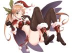  1girl ;o bikini black_gloves black_legwear blonde_hair bobblehat boots breasts brown_boots cape clarisse_(granblue_fantasy) elbow_gloves fur_trim gloves granblue_fantasy green_eyes hair_ornament hand_to_own_mouth hat heart long_hair looking_at_viewer midriff one_eye_closed ponytail red_bikini red_cape santa_hat simple_background swimsuit thigh-highs thighs white_background zorane 