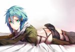  1girl aqua_eyes ass blue_hair breasts hews_hack looking_at_viewer lying on_stomach parted_lips shinon_(sao) short_hair solo sword_art_online 
