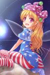  1girl american_flag_legwear american_flag_shirt ass blonde_hair clownpiece fairy_wings hat highres jester_cap long_hair looking_at_viewer looking_back lzh open_mouth pantyhose pink_eyes sitting sky smile solo star_(sky) starry_sky touhou very_long_hair wariza wings 