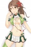  1girl amagi_(kantai_collection) bare_shoulders breasts brown_eyes brown_hair crop_top esuto flower green_legwear groin hair_between_eyes hair_flower hair_ornament highres kantai_collection large_breasts long_hair looking_at_viewer midriff mole mole_under_eye navel open_clothes parted_lips ponytail remodel_(kantai_collection) short_sleeves simple_background solo thigh-highs zettai_ryouiki 