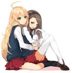  2girls ahoge blonde_hair blush brown_eyes brown_hair green_eyes hairband hoshii_miki hug hug_from_behind idolmaster long_hair minase_iori miruto_netsuki multiple_girls open_mouth school_uniform simple_background sitting skirt socks stuffed_animal stuffed_bunny stuffed_toy sweater_vest thigh-highs white_background zettai_ryouiki 