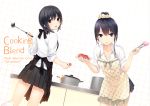  2girls aoyama_sumika apron black_hair blush brown_eyes coffee-kizoku commentary_request cooking highres ladle looking_at_viewer multiple_girls open_mouth original school_uniform shiramine_rika short_hair skirt tongs 