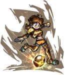  1girl armor ball blue_eyes breastplate brown_hair cleats clenched_hand crown earrings electricity energy flipped_hair flower_earrings gauntlets greaves jewelry long_hair super_mario_bros. mario_strikers_charged masanori_sato midriff navel official_art outstretched_arm pauldrons princess_daisy shorts soccer solo 
