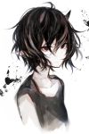  1girl bangs black_hair collarbone earrings expressionless hasunokaeru highres horns jewelry looking_at_viewer messy_hair original pale_skin pointy_ears red_eyes scar short_hair solo stitches white_background 
