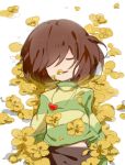  androgynous brown_hair chara_(undertale) closed_eyes everina flower hair_over_one_eye heart heart_necklace lying open_mouth petals shirt spoilers striped striped_shirt tagme undertale 